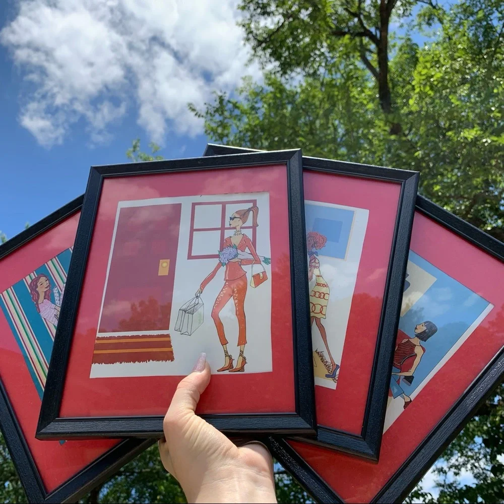 4pc Female Figure Framed Art Pieces Home Decor Red Matted Wall decor